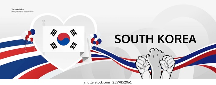 South Korea National Day greeting banner concept. August 15th is celebrated as South Korea Liberation Day or Gwangbokjeol. Modern template with flags and raised fist, good for national holiday poster.