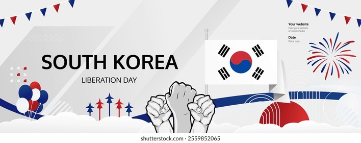 South Korea National Day greeting banner concept. August 15th is celebrated as South Korea Liberation Day or Gwangbokjeol. Modern template with flags and raised fist, good for national holiday poster.