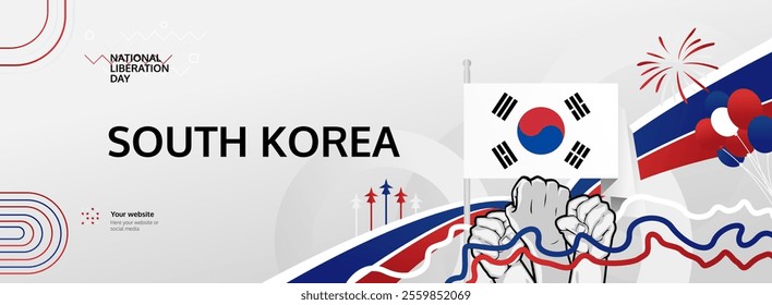 South Korea National Day greeting banner concept. August 15th is celebrated as South Korea Liberation Day or Gwangbokjeol. Modern template with flags and raised fist, good for national holiday poster.