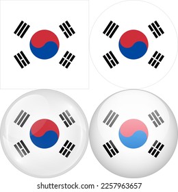 South Korea National Flag Symbol Logo Icon, set of 1:1 Square, Round Circular Shape, Bubble and Button Design Vector Illustration Isolated on White Background