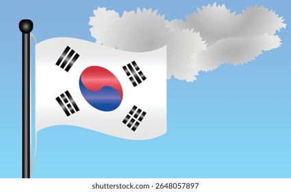 South Korea national flag waving against a bright blue sky. representing national pride, unity, and heritage in Asia with its vibrant colors and iconic design. Patriotic symbol of identity or pride