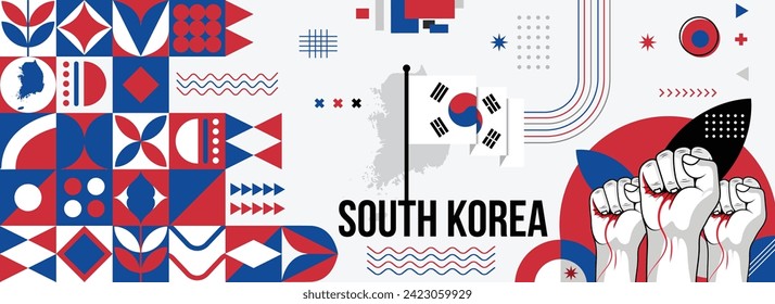 Banner del Día de la Independencia de Corea del Sur para la celebración del país. Bandera y mapa de Corea del Sur con puños elevados. Diseño retro moderno con iconos geométricos abstractos de tiporgafía. 