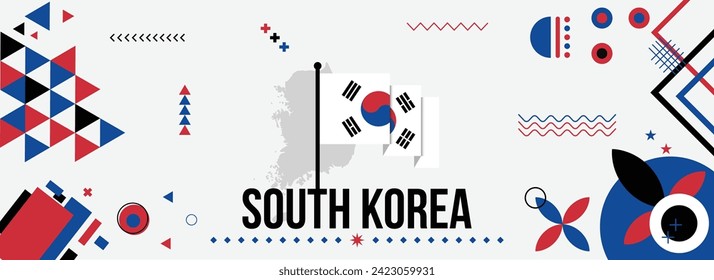 Banner del Día de la Independencia de Corea del Sur para la celebración del país. Bandera y mapa de Corea del Sur con puños elevados. Diseño retro moderno con iconos geométricos abstractos de tiporgafía. 