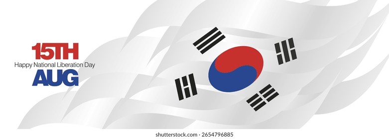 South Korea National Liberation Day 15th of August banner. Bold typography lettering message 15th of August on South Korea abstract flag ribbon background