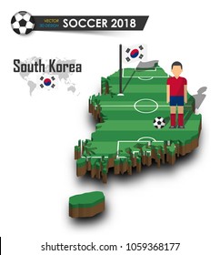 South korea national soccer team . Football player and flag on 3d design country map . isolated background . Vector for international world championship tournament 2018 concept .