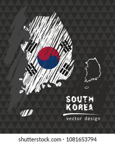South Korea national vector map with sketch chalk flag. Sketch chalk hand drawn illustration