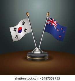 South Korea  and New Zealand table flags relation with gradient backgrund. Vector Illustration