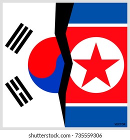 South Korea and North Korea flags with a crack.