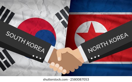 South Korea and North Korea, handshake between two people and South Korea and North Korea flag background