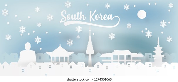 south korea paper cut illustration city icon