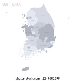 South Korea political map of administrative divisions - provinces, metropolitan cities, special city of Seolu and special self-governing cities of Sejong. Grey vector map with labels.