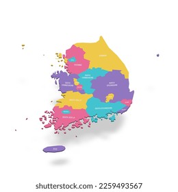 South Korea political map of administrative divisions - provinces, metropolitan cities, special city of Seolu and special self-governing cities of Sejong. 3D colorful vector map with name labels.