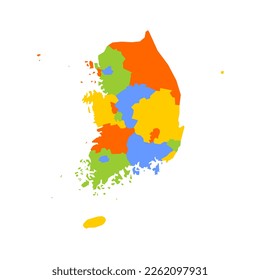 South Korea political map of administrative divisions - provinces, metropolitan cities, special city of Seolu and special self-governing cities of Sejong. Blank colorful vector map.