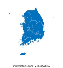 Mapa político de las divisiones administrativas de Corea del Sur - provincias, ciudades metropolitanas, ciudad especial de Seolu y ciudades autónomas especiales de Sejong. Mapa vectorial en blanco azul sólido con blanco