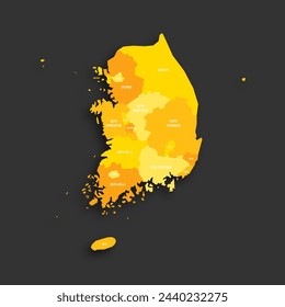 South Korea political map of administrative divisions - provinces, metropolitan cities, special city of Seolu and special self-governing cities of Sejong. Yellow shade flat vector map with name labels