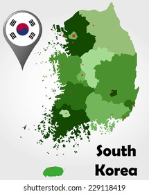 South Korea political map with green shades and map pointer.