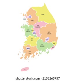 South Korea political map with region names. Low detailed. Solid simple style. Pastel colours. Vector editable