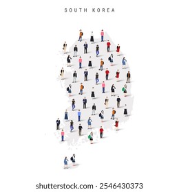 Mapa de la población de Corea del Sur. Grande grupo realista de una multitud diversa de personas figura en una forma de mapa surcoreano. Ilustración vectorial plana aislada en blanco.