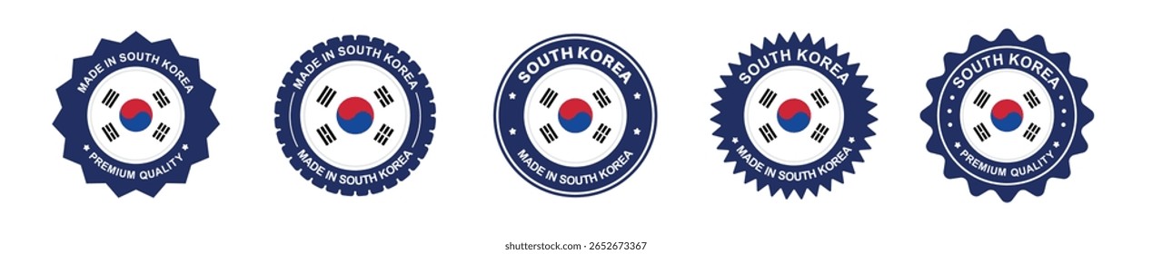 south korea product label set. south korea flag, premium made in south korea. Labels, seals, stamps, flags, icons
