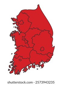 South Korea red map with border of regions outline vector