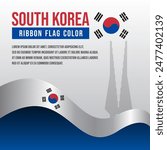 South Korea ribbon flag with The Independence Hall of Korea Monument silhouette and decoration