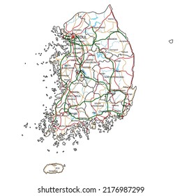 Ruta y mapa de carreteras de Corea del Sur. Ilustración vectorial.