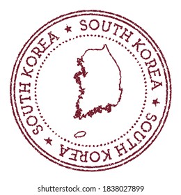 South Korea round rubber stamp with country map. Vintage red passport stamp with circular text and stars, vector illustration.