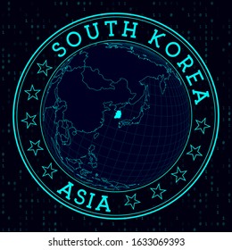 South Korea round sign. Futuristic satelite view of the world centered to South Korea. Country badge with map, round text and binary background. Trendy vector illustration.