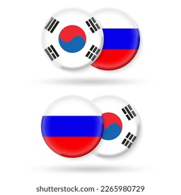 South Korea and Russia circle flags. 3d icon. Russian and South Korean national symbols. Vector illustration.
