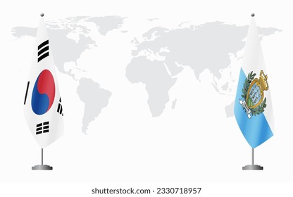 South Korea and San Marino flags for official meeting against background of world map.