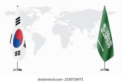 Corea del Sur y Arabia Saudita enarbolan banderas para una reunión oficial contra el fondo del mapa mundial.