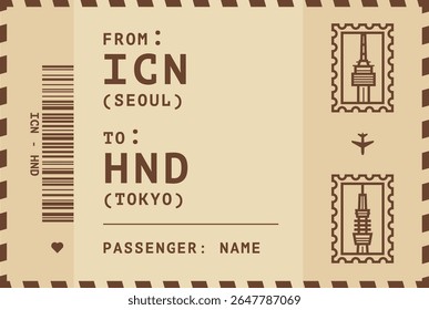 Coreia do Sul, Seul - Japão, voo de Tóquio, etiqueta de bagagem, cartão de embarque. Layout de ilustração vetorial para infográfico, cartão postal, adesivo, impressão, promoção em estilo vintage com selos de referência