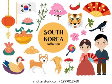 South Korea set of objects. Korean national collection of design elements with traditional symbols. Vector illustration clip art.