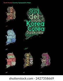 South Korea. Set of typography style country illustrations. South Korea map shape build of horizontal and vertical country names. Vector illustration.