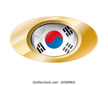 South korea shiny button flag with golden ring vector illustration. Isolated abstract object against white background.