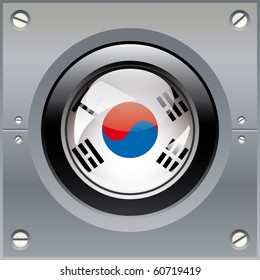 South korea shiny button flag vector illustration. Isolated abstract object on metal background.