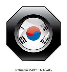 South korea shiny button flag with black frame -  vector illustration. Isolated abstract object against white background.