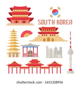 South Korea showplace flat vector illustration. Korean buildings and traditional attributes, Eastern culture items set. Buddhist temples and architecture memos isolated on white background
