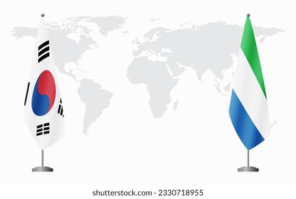 South Korea and Sierra Leone flags for official meeting against background of world map.