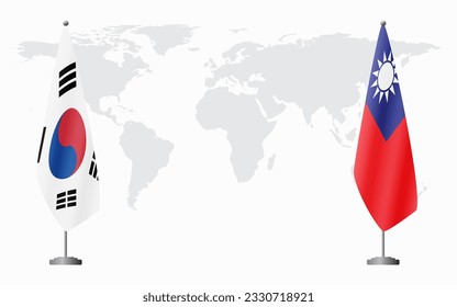 South Korea and Taiwan flags for official meeting against background of world map.