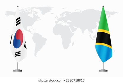 South Korea and Tanzania flags for official meeting against background of world map.