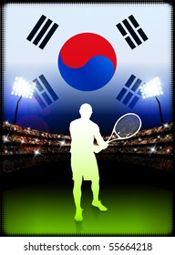 South Korea Tennis Player on Stadium Background with Flag Original Illustration