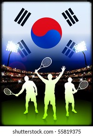South Korea Tennis Player on Stadium Background with Flag Original Illustration