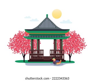 Composición turística de corea del sur con imágenes coloridas aisladas en ilustración vectorial de fondo en blanco