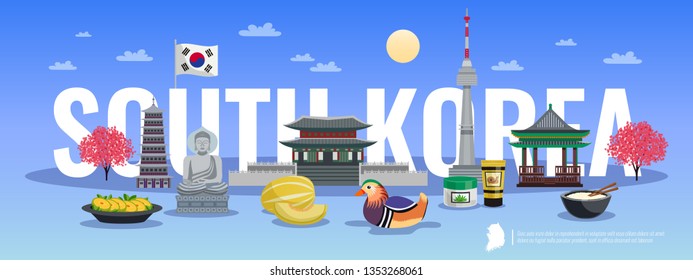 South korea tourism horizontal composition with doodle style pictures of traditional items cultural sights and text vector illustration