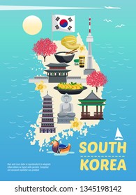 South korea tourism vertical poster composition with doodle images on island silhouette with sea and text vector illustration