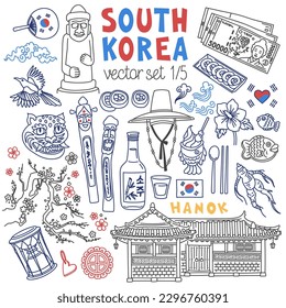 South Korea traditional symbols  food   landmarks drawings set  Korean characters bottle translation: soju (alcoholic drink)  Outline stroke is not expanded  stroke weight is editable