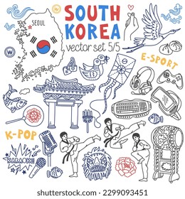 South Korea traditional symbols  food   landmarks doodle set  Drawings isolated white background  Outline stroke is not expanded  stroke weight is editable
