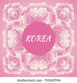 South Korea travel banner vector. Pink floral design with traditional peony flower pattern frame for souvenir postcards, korean tourism poster or label sticker prints.