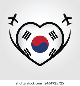 South Korea Travel Heart Flag With Airplane Icons